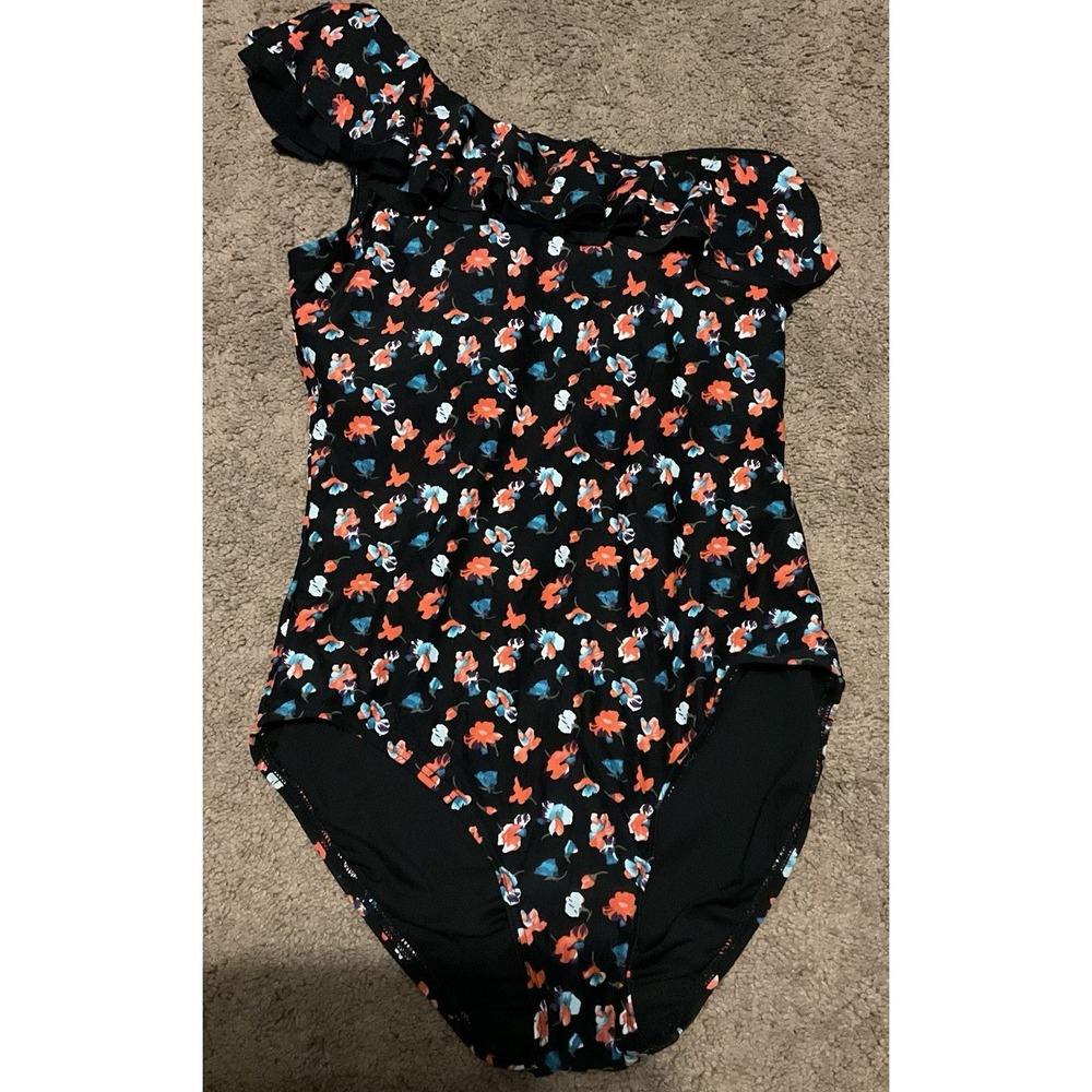 DKNY Swimsuit Bathing Suit Women's Size 8 Black Floral Ruffle One Shoulder